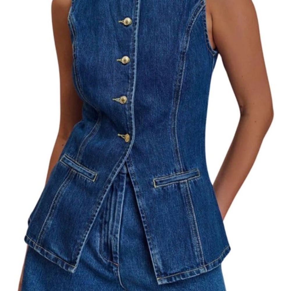 Sleeveless Dark Blue Denim Vest - Tailored Women's Jacket